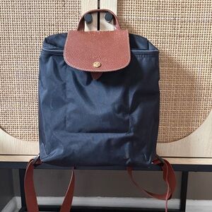 Longchamp le pliage Black Backpack with Brown leather trim